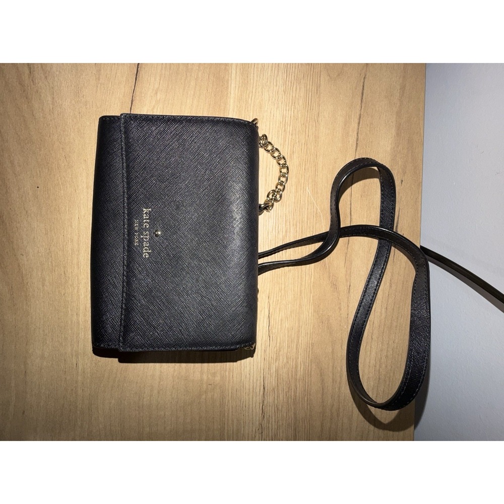 Kate Spade Black Saffiano Leather Chain Crossbody Wallet Bag Gold Hardware P